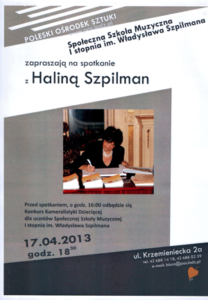 Zaproszenie na spotkanie z Pani Halin Szpilman w POS w odzi